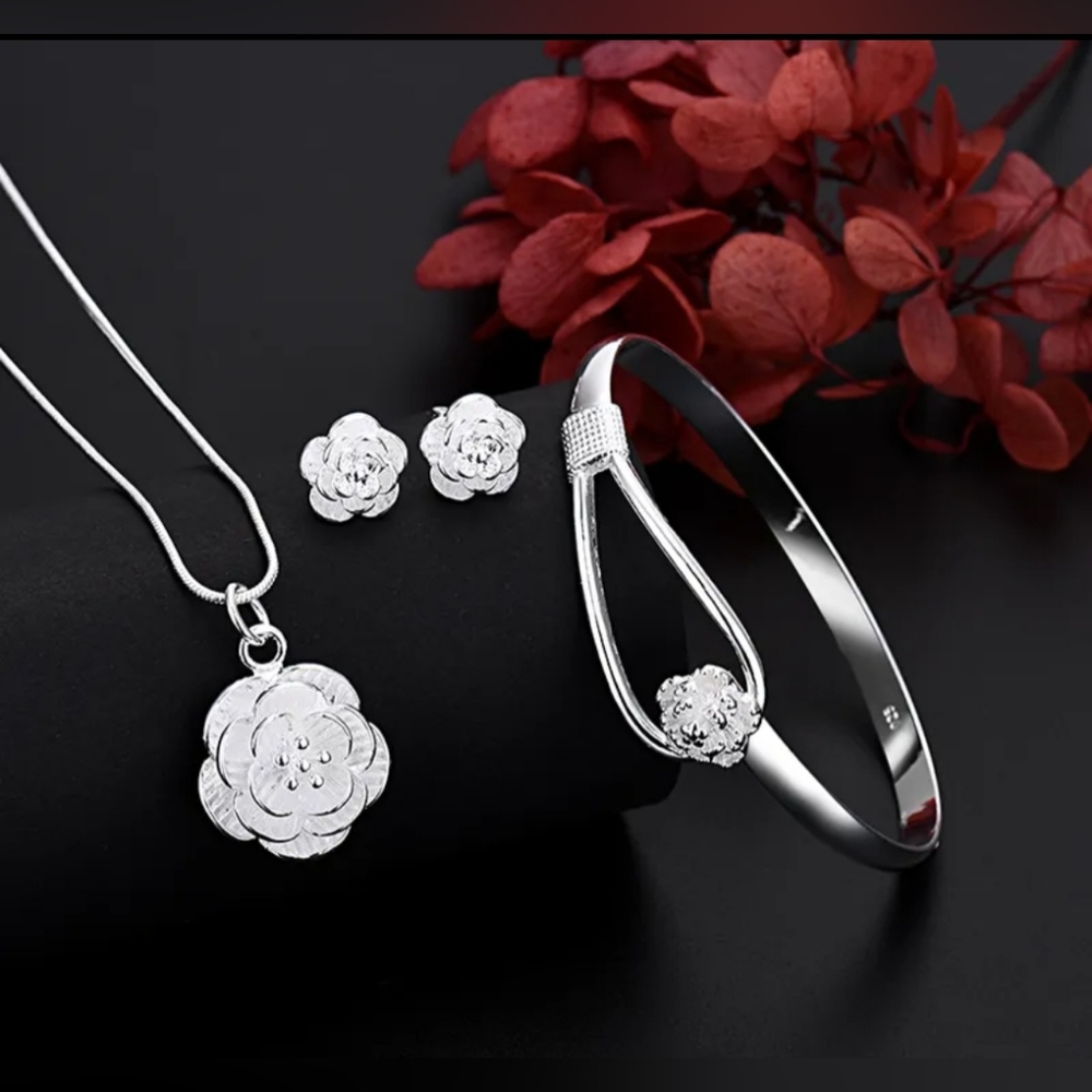 925 Stamped Silver Plated Rose Flower Necklace Earrings Bracelet Set